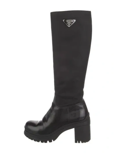 Pre-owned Prada Enameled Metal Triangle Nylon Rain Boots In Black