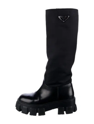 Pre-owned Prada Enameled Metal Triangle Nylon Rain Boots In Black