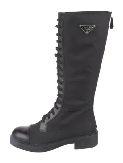 Pre-owned Prada Enameled Metal Triangle Nylon Riding Boots In Black