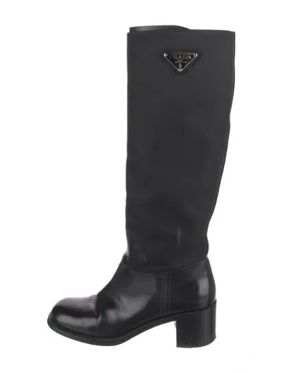 Pre-owned Prada Enameled Metal Triangle Nylon Riding Boots In Black