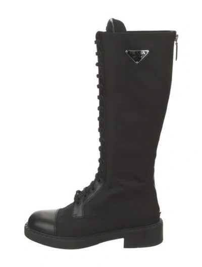 Pre-owned Prada Enameled Metal Triangle Nylon Riding Boots In Black