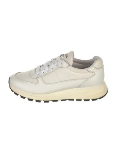 Pre-owned Prada Enameled Metal Triangle Nylon Sneakers In Neutral
