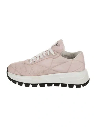 Pre-owned Prada Enameled Metal Triangle Nylon Sneakers In Pink