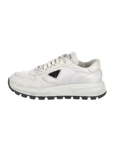 Pre-owned Prada Enameled Metal Triangle Nylon Sneakers In White