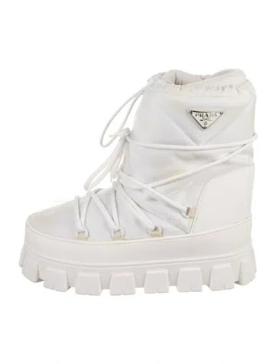 Pre-owned Prada Enameled Metal Triangle Nylon Snow Boots In White