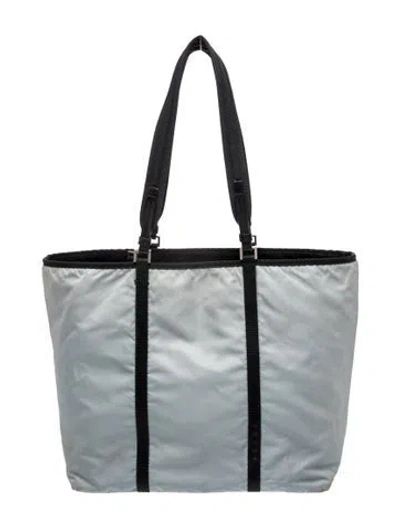 Pre-owned Prada Enameled Metal Triangle Nylon Tote Bag Medium In Blue
