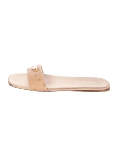 Pre-owned Prada Enameled Metal Triangle Ostrich Slides In Brown