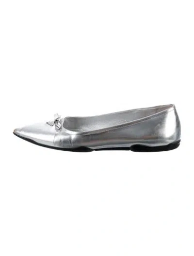 Pre-owned Prada Enameled Metal Triangle Patent Leather Ballet Flats In Metallic/silver