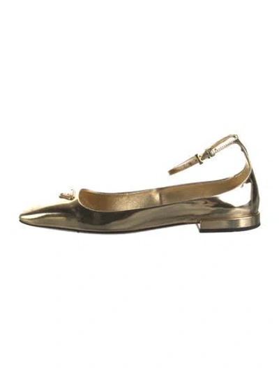Pre-owned Prada Enameled Metal Triangle Patent Leather Flats In Gold