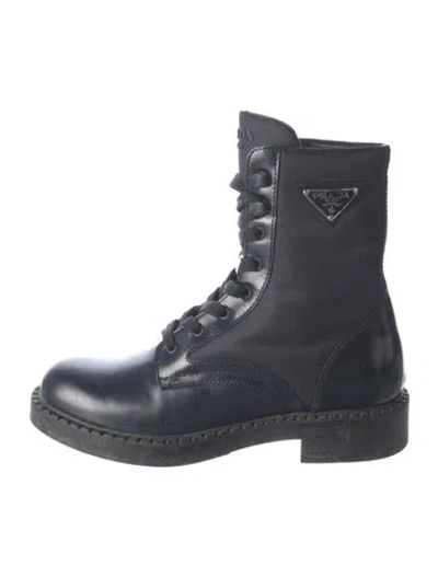 Pre-owned Prada Enameled Metal Triangle Patent Leather Lace-up Boots In Blue