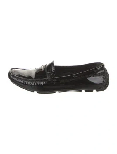 Pre-owned Prada Enameled Metal Triangle Patent Leather Loafers In Black