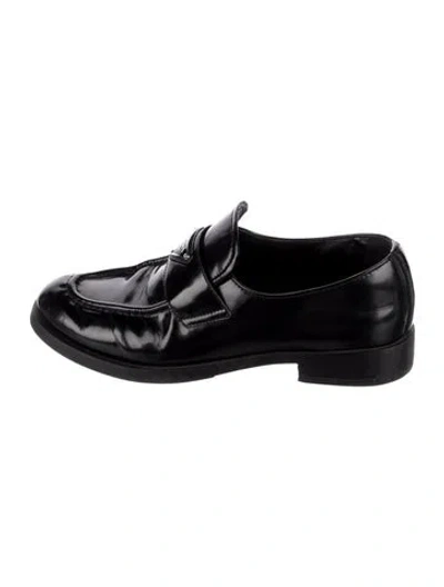 Pre-owned Prada Enameled Metal Triangle Patent Leather Loafers In Black