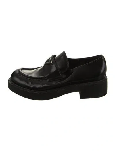 Pre-owned Prada Enameled Metal Triangle Patent Leather Loafers In Black
