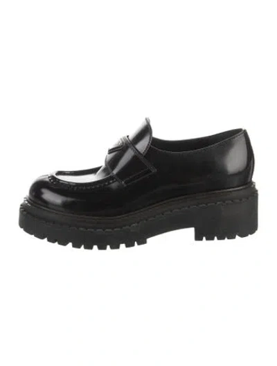 Pre-owned Prada Enameled Metal Triangle Patent Leather Loafers In Black