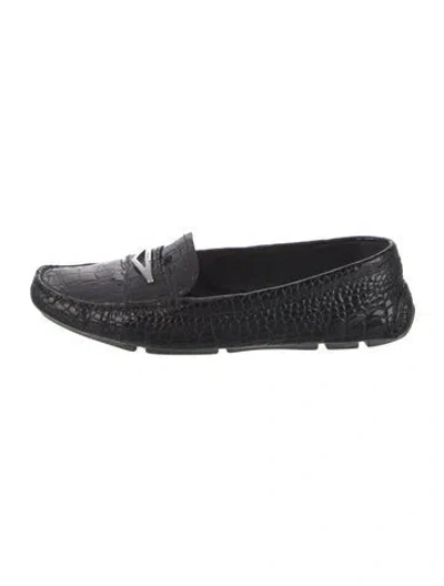 Pre-owned Prada Enameled Metal Triangle Patent Leather Loafers In Black