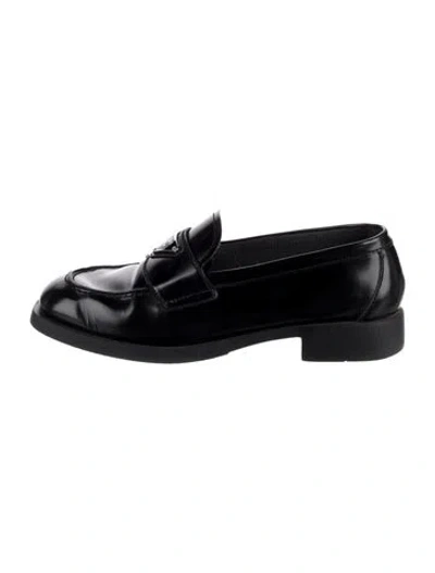 Pre-owned Prada Enameled Metal Triangle Patent Leather Loafers In Black
