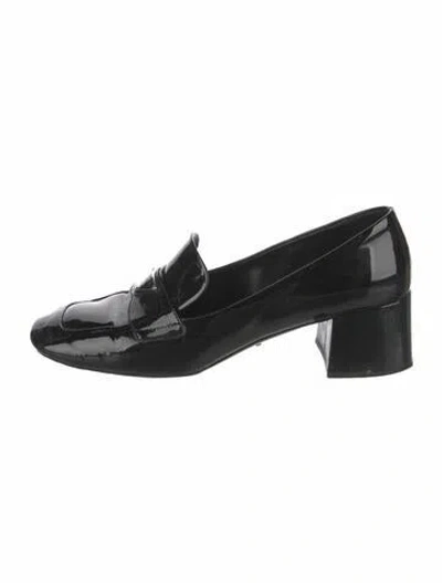 Pre-owned Prada Enameled Metal Triangle Patent Leather Loafers In Black