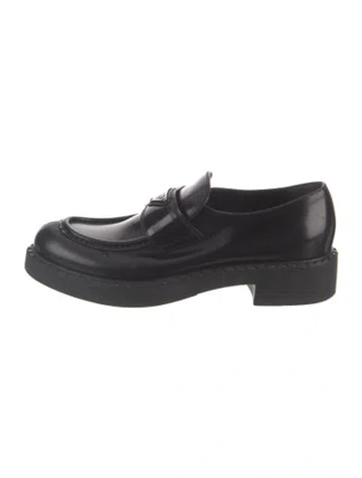 Pre-owned Prada Enameled Metal Triangle Patent Leather Loafers In Black