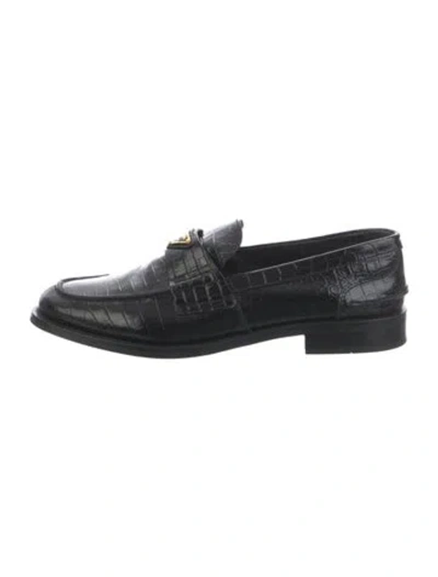 Pre-owned Prada Enameled Metal Triangle Patent Leather Loafers In Black