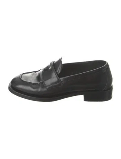 Pre-owned Prada Enameled Metal Triangle Patent Leather Loafers In Black