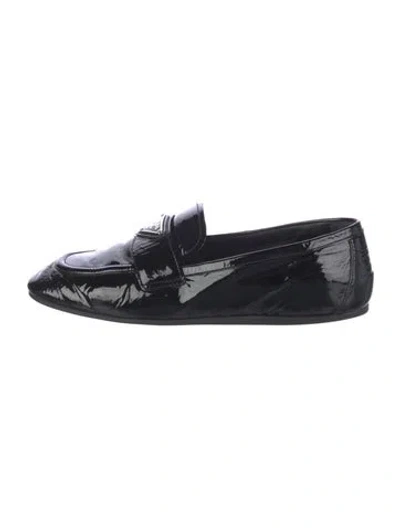 Pre-owned Prada Enameled Metal Triangle Patent Leather Loafers In Black