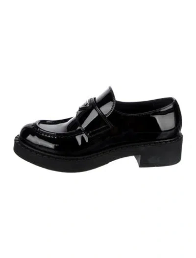 Pre-owned Prada Enameled Metal Triangle Patent Leather Loafers In Black