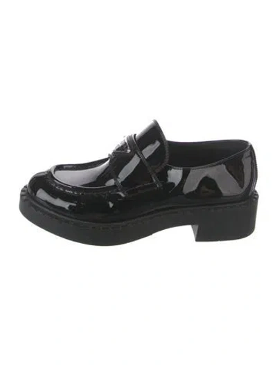 Pre-owned Prada Enameled Metal Triangle Patent Leather Loafers In Black