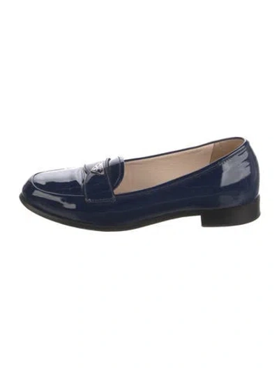Pre-owned Prada Enameled Metal Triangle Patent Leather Loafers In Blue