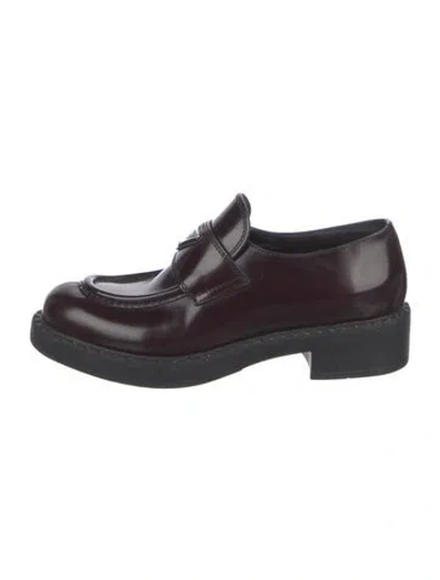 Pre-owned Prada Enameled Metal Triangle Patent Leather Loafers In Burgundy
