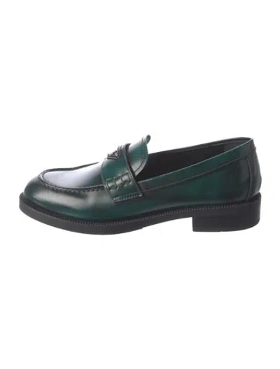 Pre-owned Prada Enameled Metal Triangle Patent Leather Loafers In Green