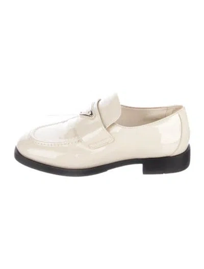 Pre-owned Prada Enameled Metal Triangle Patent Leather Loafers In Neutral