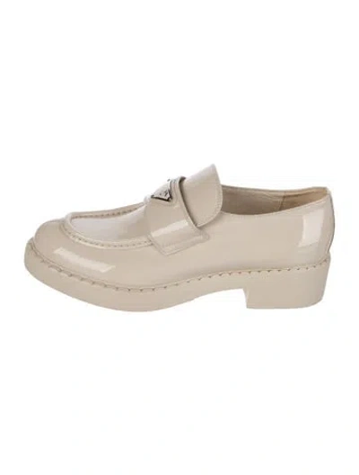 Pre-owned Prada Enameled Metal Triangle Patent Leather Loafers In Neutral