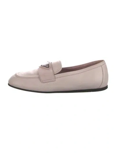 Pre-owned Prada Enameled Metal Triangle Patent Leather Loafers In Neutrals