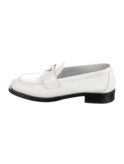 Pre-owned Prada Enameled Metal Triangle Patent Leather Loafers In White