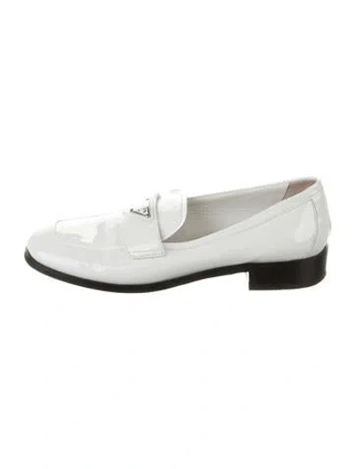 Pre-owned Prada Enameled Metal Triangle Patent Leather Loafers In White