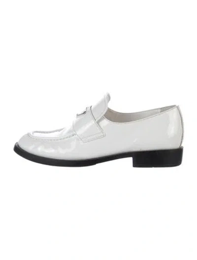 Pre-owned Prada Enameled Metal Triangle Patent Leather Loafers In White