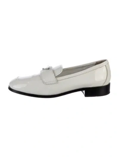 Pre-owned Prada Enameled Metal Triangle Patent Leather Loafers In White