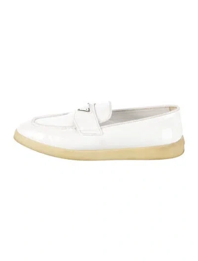 Pre-owned Prada Enameled Metal Triangle Patent Leather Loafers In White