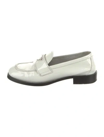 Pre-owned Prada Enameled Metal Triangle Patent Leather Loafers In White
