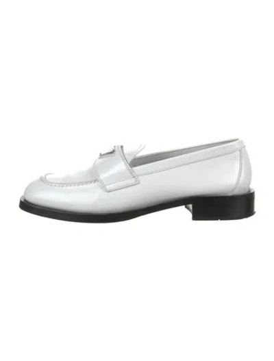 Pre-owned Prada Enameled Metal Triangle Patent Leather Loafers In White