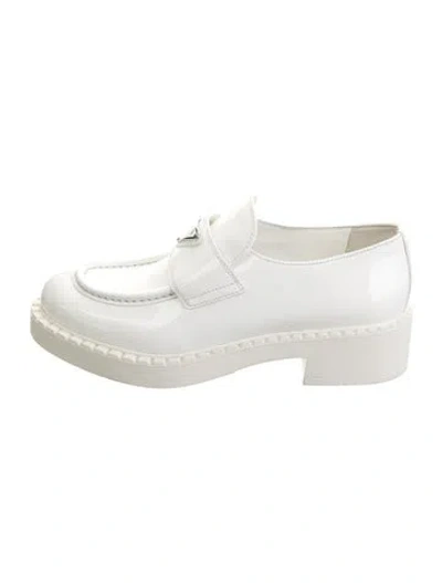 Pre-owned Prada Enameled Metal Triangle Patent Leather Loafers In White
