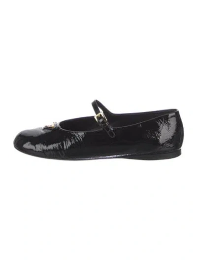 Pre-owned Prada Enameled Metal Triangle Patent Leather Mary Jane Flats In Black