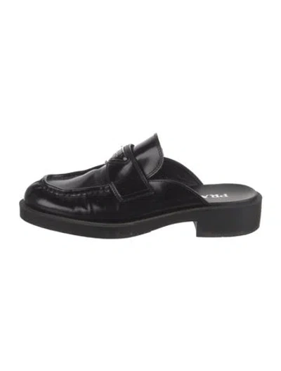 Pre-owned Prada Enameled Metal Triangle Patent Leather Mules In Black