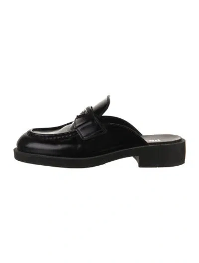Pre-owned Prada Enameled Metal Triangle Patent Leather Mules In Black