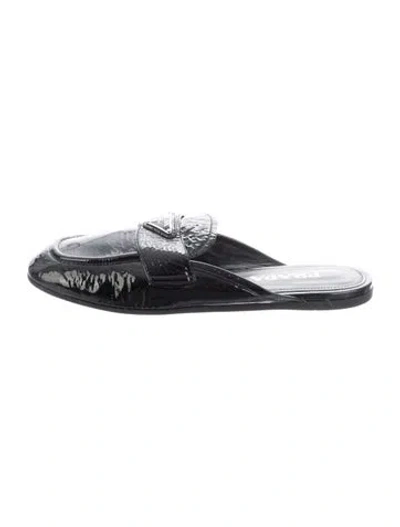 Pre-owned Prada Enameled Metal Triangle Patent Leather Mules In Black