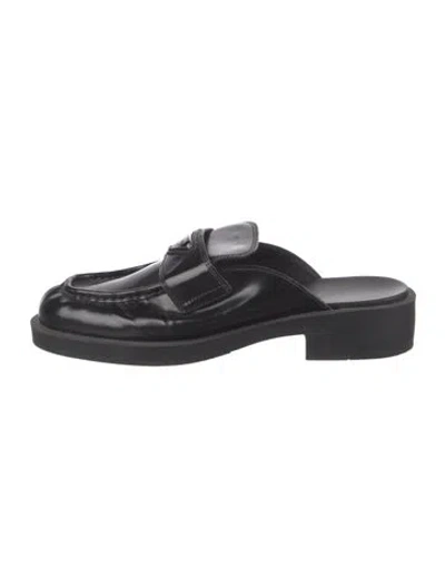 Pre-owned Prada Enameled Metal Triangle Patent Leather Mules In Black