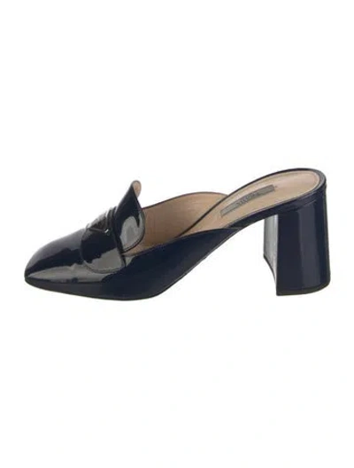 Pre-owned Prada Enameled Metal Triangle Patent Leather Mules In Blue