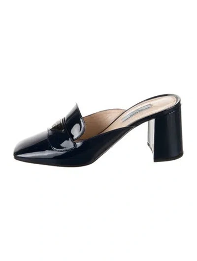Pre-owned Prada Enameled Metal Triangle Patent Leather Mules In Blue