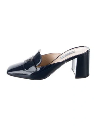 Pre-owned Prada Enameled Metal Triangle Patent Leather Mules In Blue