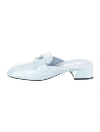 Pre-owned Prada Enameled Metal Triangle Patent Leather Mules In Blue